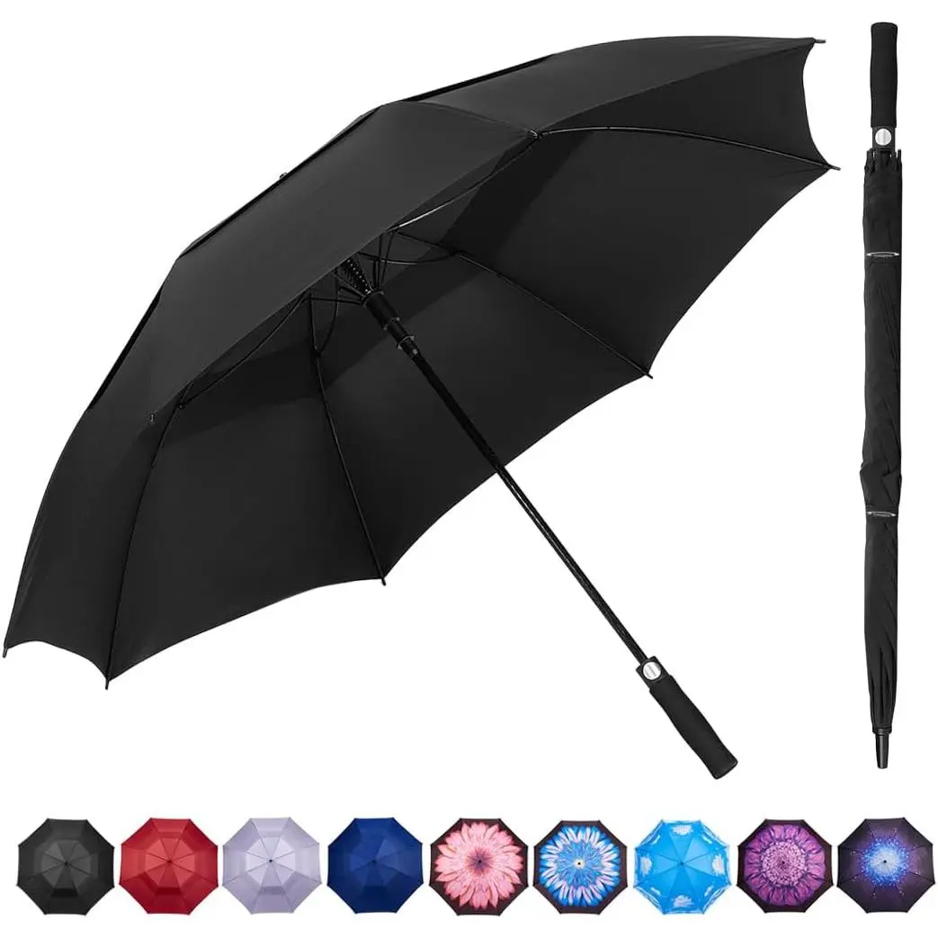 62-Inch Large Size Golf Umbrella, Automatic Open, Windproof, Waterproof, Vented, Resin-Reinforced Double Canopy, 210T Teflon Umbrella for Men, Vent, 62Inch