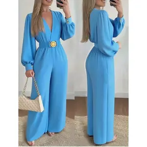 Women's Long Sleeve Jumpsuit Summer High Waist Pleated Design Ring Belt Casual Fitted Plain Fabric Spring & Fall Fashion
