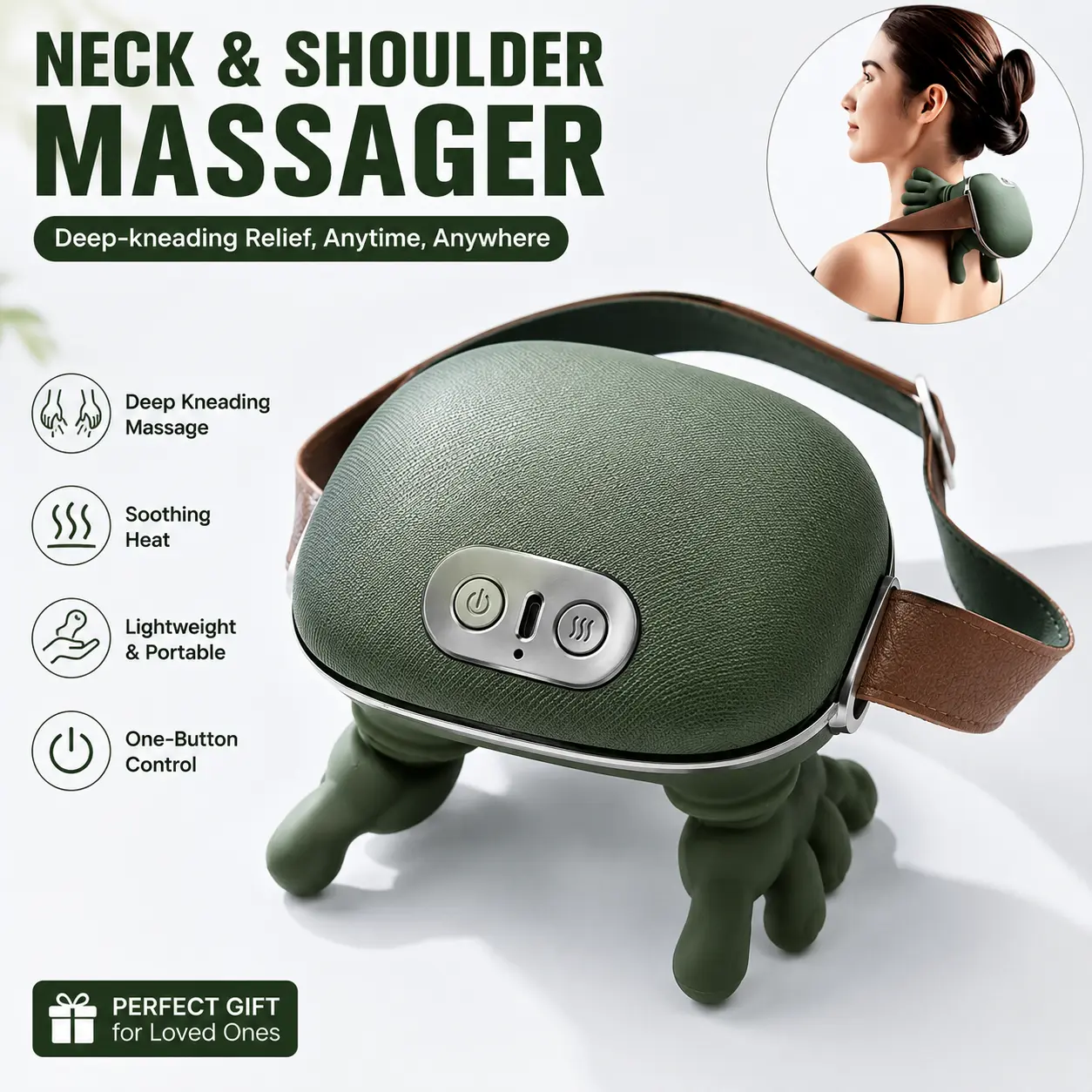 Neck & Shoulder Massager - Deep Kneading, Soothing Heat, Lightweight Portability, 1-Button Control, Relaxing Gift for Loved Ones