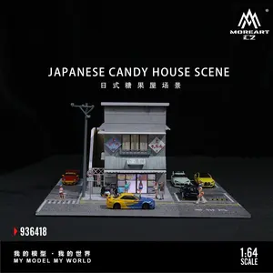 Diorama 1/64 Scale Japanese Style Candy House Scene Model LED Lighting Car Parking Lot Model Die-cast Car Garage Model City Building Model Diorama Art Mini Car Collection Gift