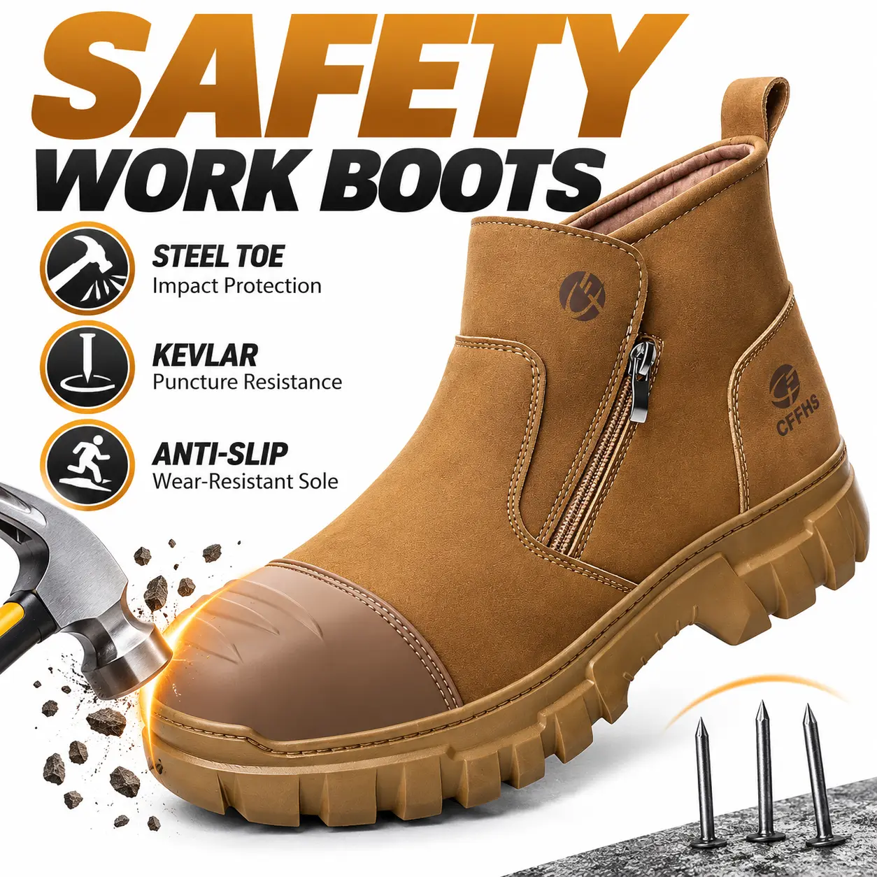 Men's High-Cut Steel Toe Work Boots, Side Zipper Design, Abrasion Resistant & Anti-Puncture Safety Footwear, Multi-Protection All-Season Durable Outdoor Industrial Work Boots