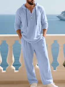 Men's Linen Blend Hooded Two-Piece Set, Long Sleeve Henley Drawstring Hoodie & Loose Pants, Breathable Textured Fabric, Casual Daily Wear, Tropical