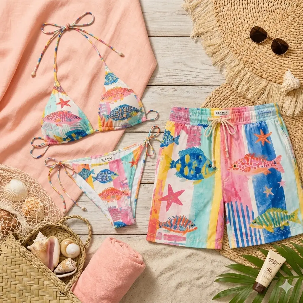 Matching Couple Swimwear Set, Tropical Fish Print String Bikini & Swim Trunks, His & Hers Honeymoon Beach Outfit, His & Hers Tropical Sea Life Swimwear, Women's String Bikini & Men's Board Shorts, Summer Vacation Beach Set