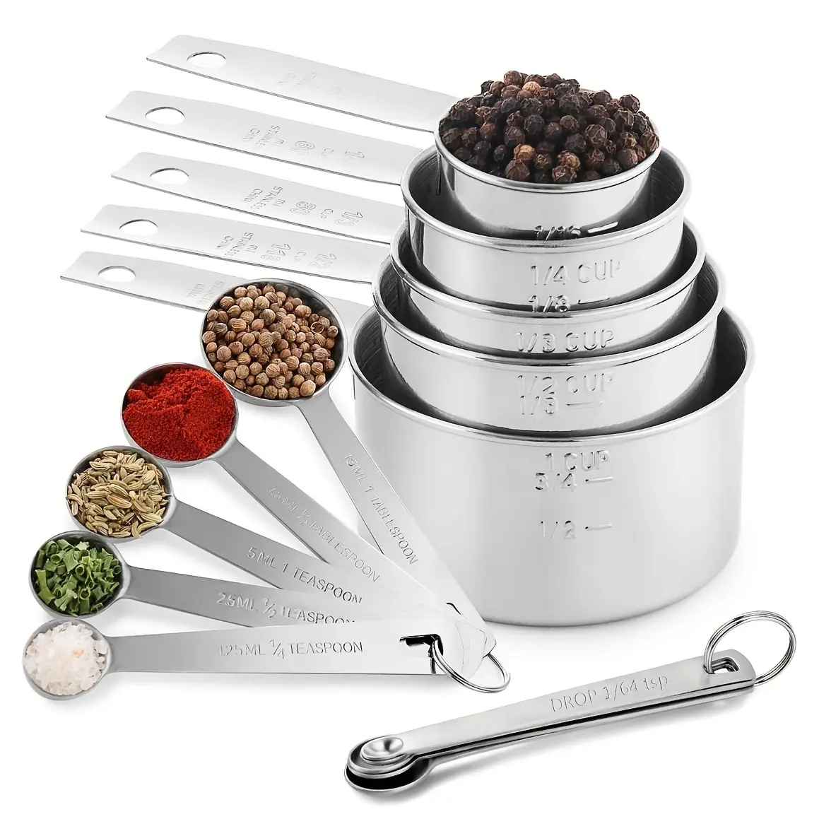 Silver 15-Piece Measuring Set 5 Cups 5 Spoons 5 Mini Spoons Stainless Steel Stackable for Dry Liquids Kitchen Tools Baking Supplies;#Summervibes