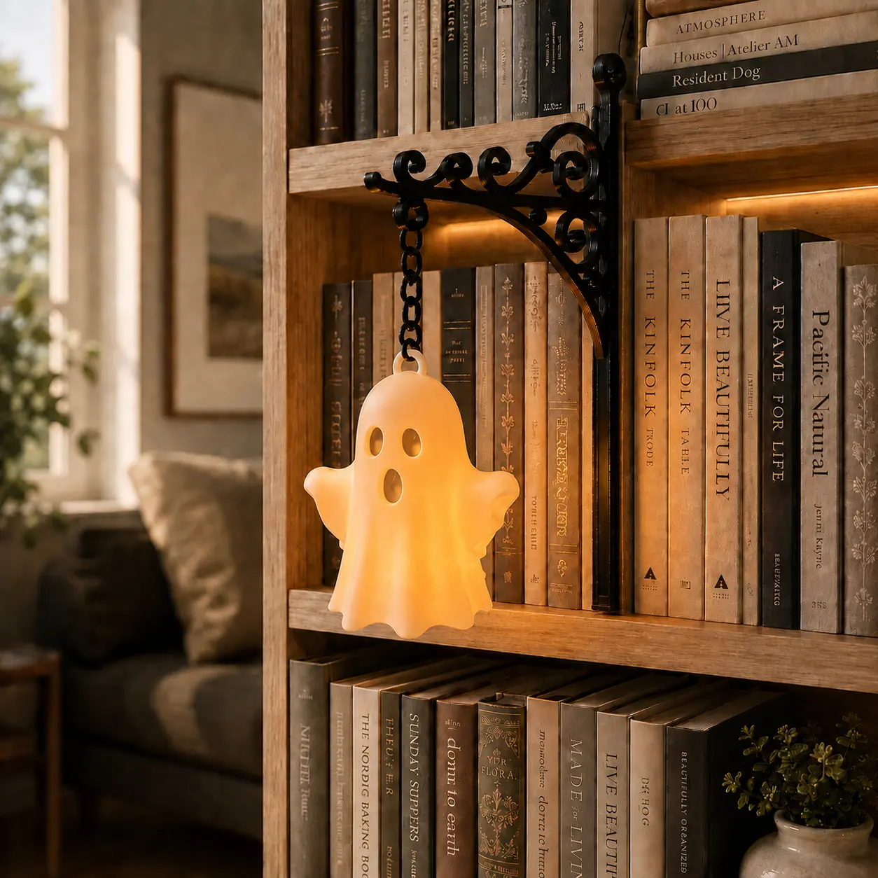 Ghost Bookshelf Hanging Lamp, Spooky Book Nook Decor with Vintage Gothic Shelf Bracket, Space-Saving Library Accent, Unique Halloween Home Decor Gift for Book Lovers