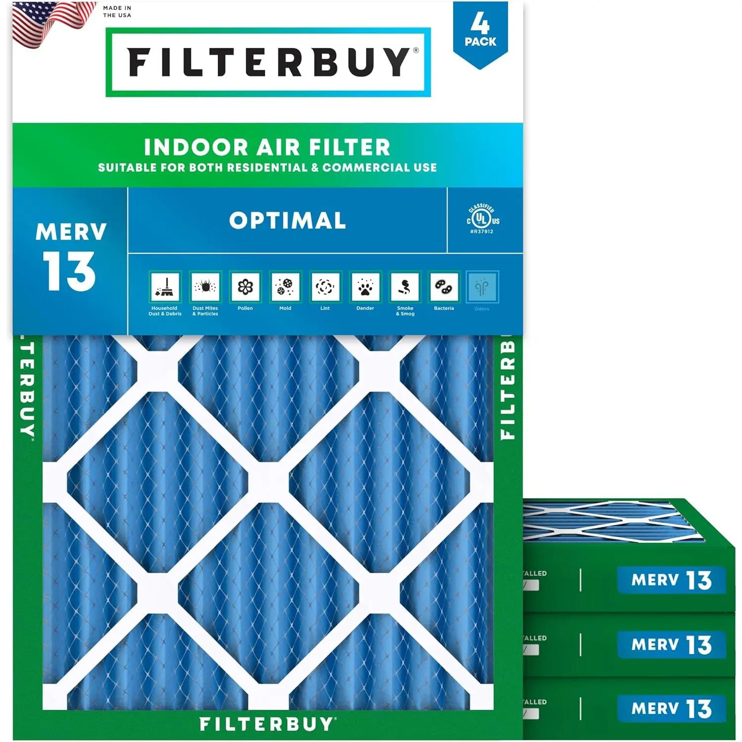 Filterbuy Durable Polypropylene Eco-Friendly Electrostatically Charged MERV 13 HVAC AC Furnace Air Filter (4-Pack, 16.25x21.25x2 in Actual Size, Endures Temperatures Up to 200°F)