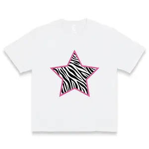 Women's Soft Classic Cotton Printed T-Shirt - Round Neck, Shortsleeve, Oversized Flat Lady Top, Blush Pink Zebra Print Star Graphic Unisex Casual Fabric