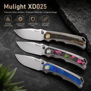 Mulight EDC XD025 Pocket Tool for Adults - M390 Edge, Titanium Handle, Frame Lock, Thumb Stud, Bearing Pivot System, All-Metal Construction, Gold Foil, Blue Flow Pattern, Everyday Carry