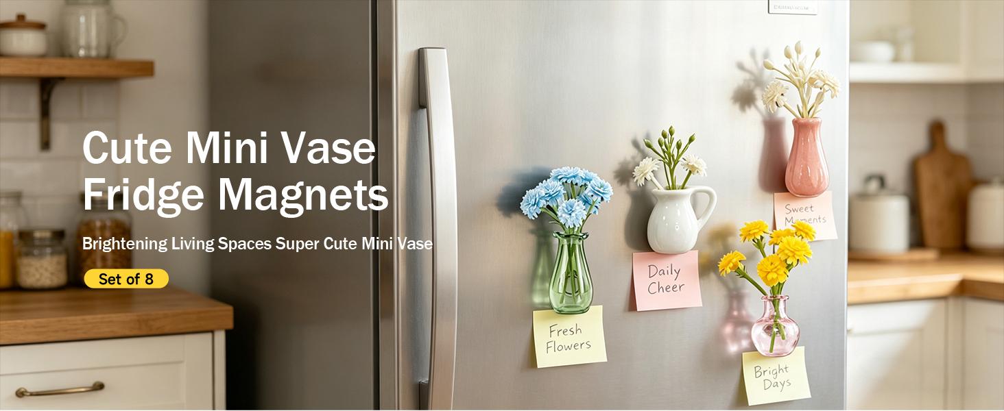 8 Pcs Aesthetic Mini Vase Magnets + FREE Surprise Flowers! Glass Set