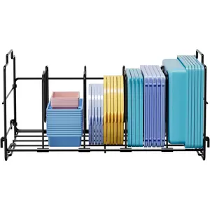 Container Lid Organizer, Large Capacity Adjustable 4 Dividers Detachable Lid Organizer Rack for Kitchen Cabinets, Drawers, Plastic Lid Organizer For Pantry Shelves, Cupboards, Black