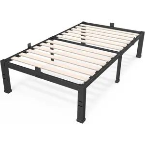 14 inch  Size Bed Frames with Wide  Slats - 3500lbs Heavy Duty No Box Spring Needed Platform, Mattress Stoppers Single Metal Noise Free, Headboard Hole Underneath Storage