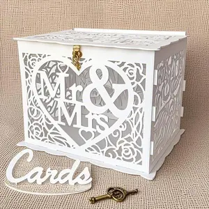 "Rustic Wooden Gift Card Holder with Lock Slot, Large DIY Money Box for Wedding Reception Anniversary Graduation Birthday Party, Decorative Envelope Shadow Box, Secure Keepsake Storage for Mr & Mrs Celebrations (White)" Organiser Smooth Bands Decoration