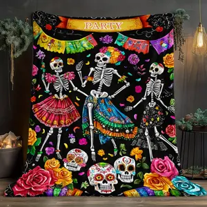 1pc Mexican Day of the Dead Blanket - Dancing Skeletons in Bloom - Lightweight Flannel Blanket for Sofa, Bed, and Camping - Soft and Warm Gothic Home Decor - Halloween Decorations - Suitable for All Seasons