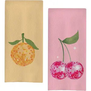 Funky Orange  Kitchen Towels, Trendy Retro Preppy Orange Cherry Disco Ball Hand Dish Towels, Preppy Bathroom Decor, Funky Kitchen Decor, 16x24 Inches Set of 2