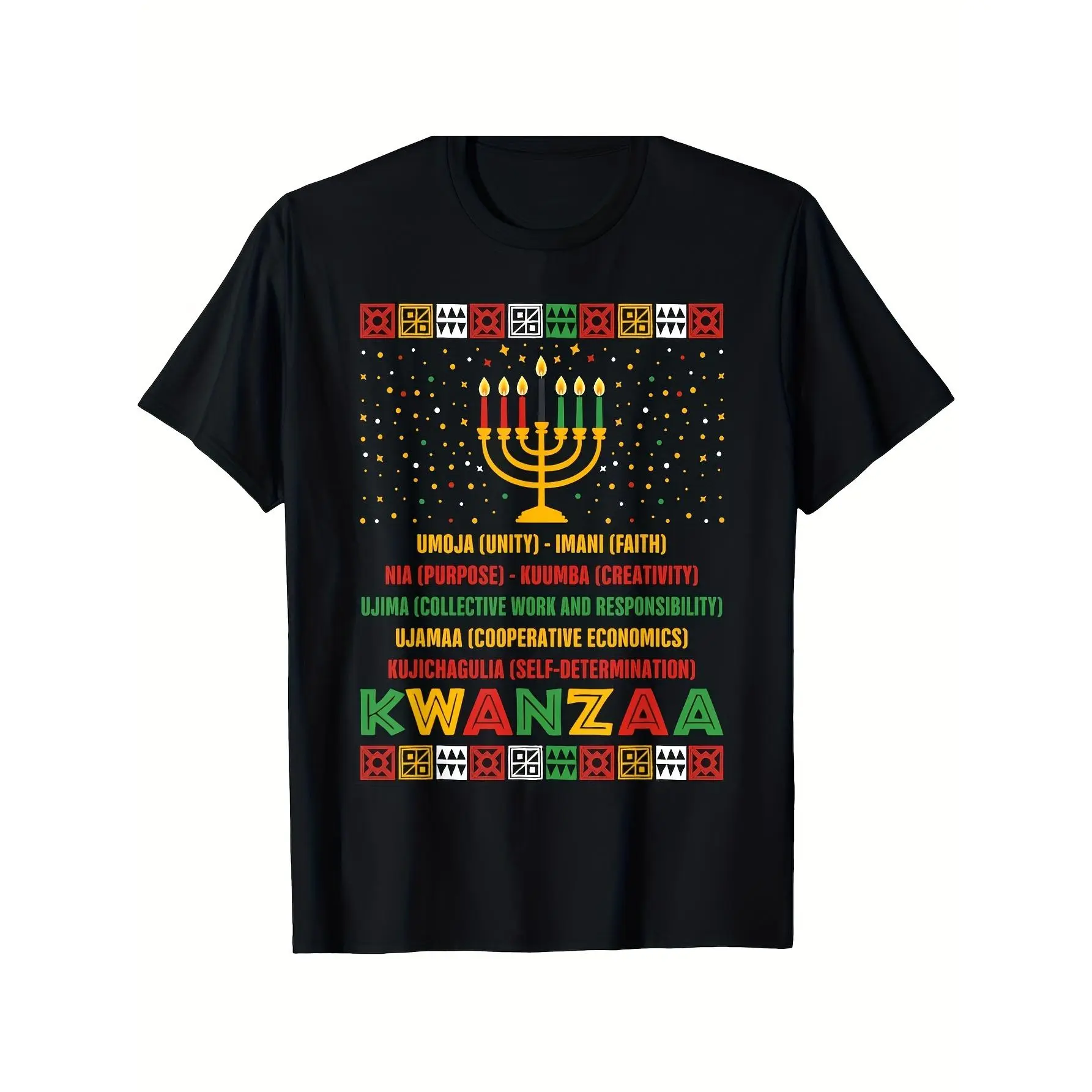 Men's Round Neck 100% Pure Cotton Short-Sleeve Chic Retro Figure-Flattering Casual Graphic Tee - 1pc Unisex Kwanzaa Apparel, African Heritage Vibrant Print, 7 Principles (Nguzo Saba) Swahili Colors, Soft Breathable Machine-Washable New Year Tops S-XXXL