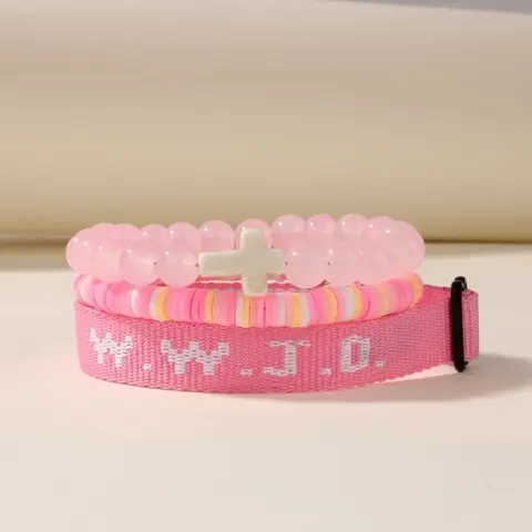 Women's 3-Pc Beaded WWJD Woven Bracelet Set - Adjustable Elastic Cuff, Stackable Bracelets, Daily Casual Costume Jewelry, 3-Pc Gift Set for Girlfriend