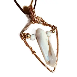 Rustic Designed Wire Wrapped Agate & Moonstone Crystal Point Pendant with Copper Gold Accents and Black Nylon Cord