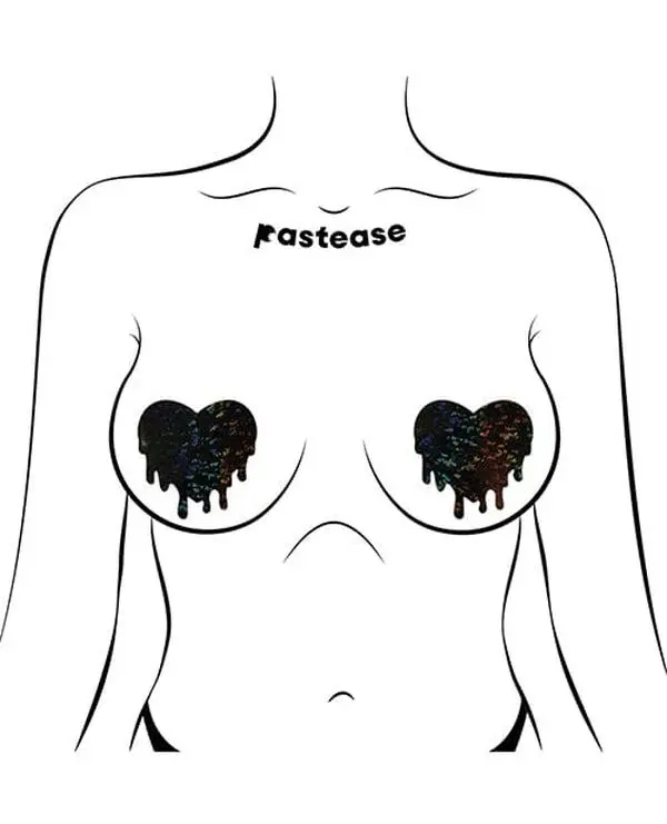 Pastease Premium Melty Heart Nipple Pasties - Black O/s, Latex-Free, Waterproof, Form-Fitting Glittery Material, 2.8 X 2.8 Inches, Conceal or Reveal
