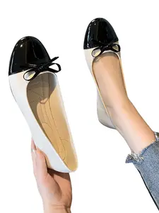 Women's French Colorblock Bow Ballet Shoes, Patent Leather Round Toe Low Heel Slip-On, Elegant Dress Shoes for Daily Commute
