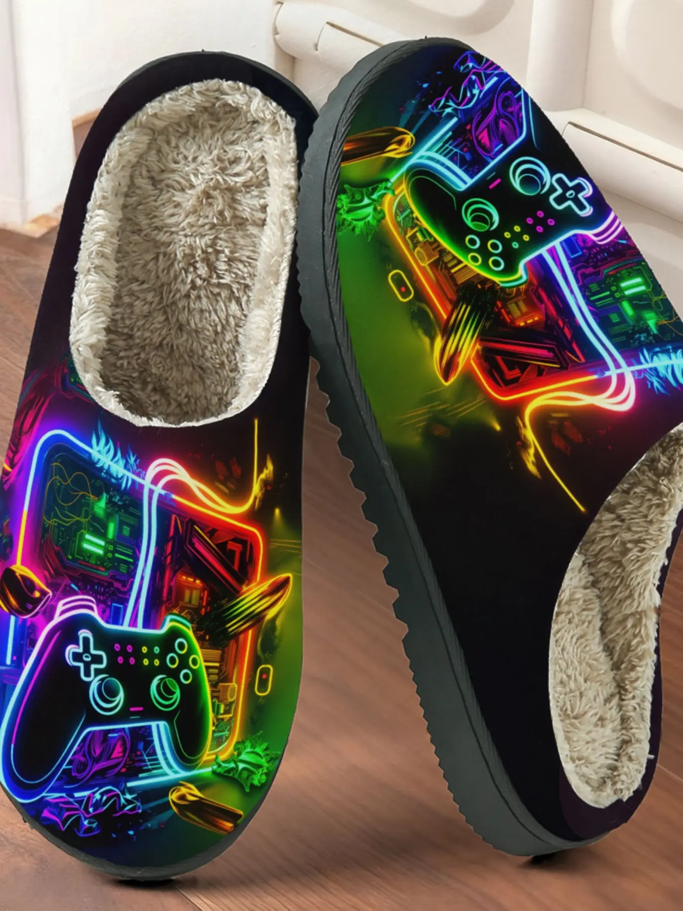 Neon Handle Gaming Cotton Slippers, Plush Lined Anti-Slip Thick Sole, Casual Fall & Winter Warm Home Shoes for Gamers
