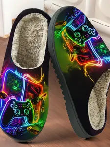 Neon Handle Gaming Cotton Slippers, Plush Lined Anti-Slip Thick Sole, Casual Fall & Winter Warm Home Shoes for Gamers