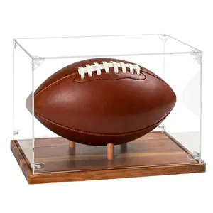Football Display Case Full Size, Acrylic Clear Box with Wood Stand, UV Protected Memorabilia Holder, for Football Fans & Collectors, Sports Collectibles