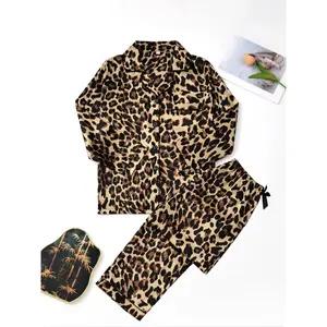 Women's Leopard Print Satin Pajama Set, Long Sleeve Button Front Top & Pants, Fall Winter Sleepwear, Comfortable Home Wear
