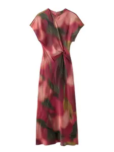 Elegant Satin Print Bodycon Fitted Dress, Round Neck Sleeveless Midi Wrap Dress, Button Detail Hollow Out Design, Perfect for Evening Parties & Events
