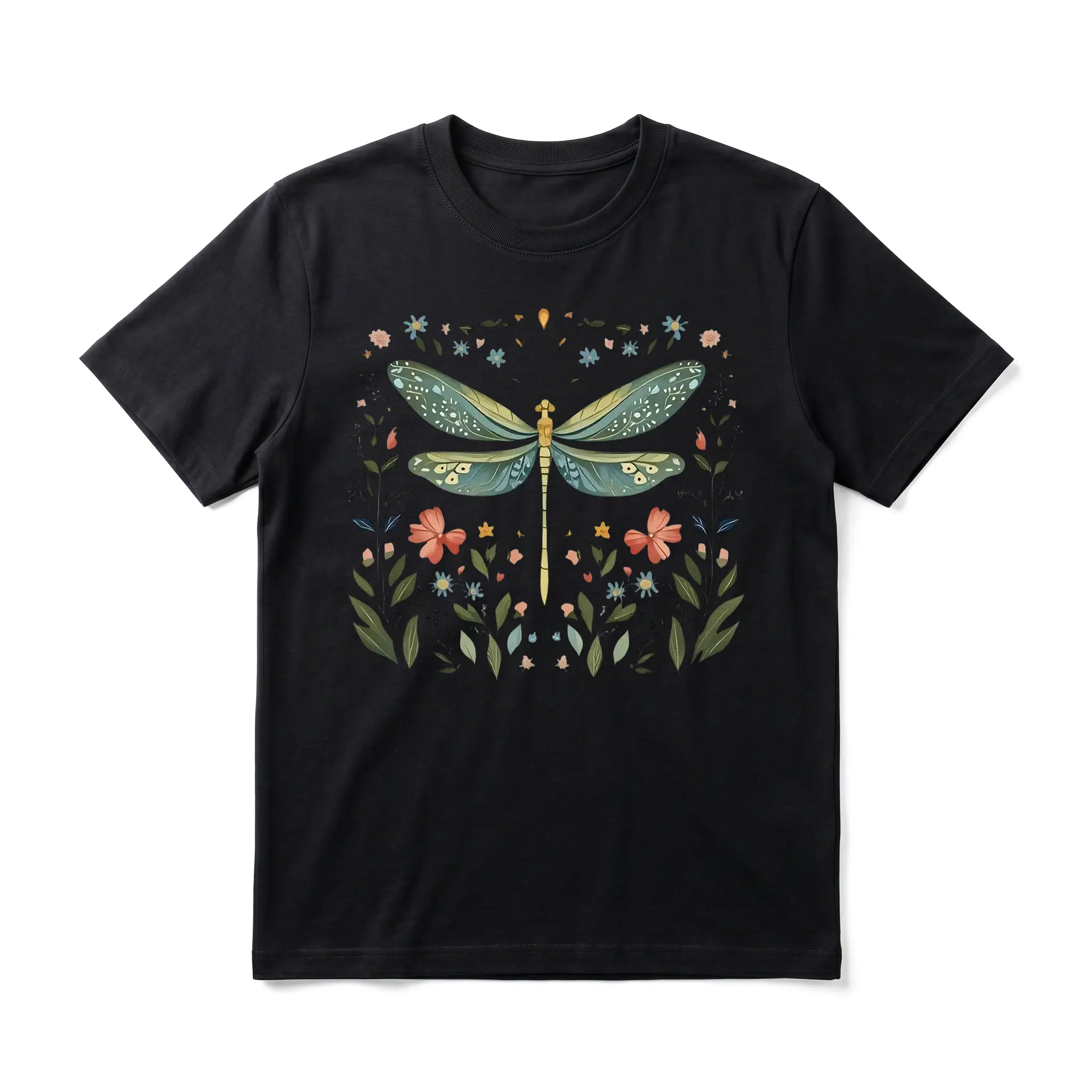Unisex 100% Cotton Tshirt - Dragonfly Floral Artistic Print, Heavyweight Breathable Crew Neck, Short Sleeve, All Seasons Streetwear for Casual Outings & Events, Fashion