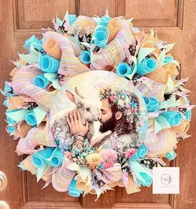 Jesus Bunny Themed Wreath with Soft Pink & Mint Mesh & Floral Ribbons for Easter Decor