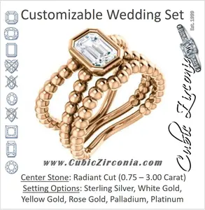 CZ Wedding Set, featuring The Maria Leeslii engagement ring (Customizable Bezel-set Radiant Cut Solitaire with Wide Beaded-Metal Split-Band)