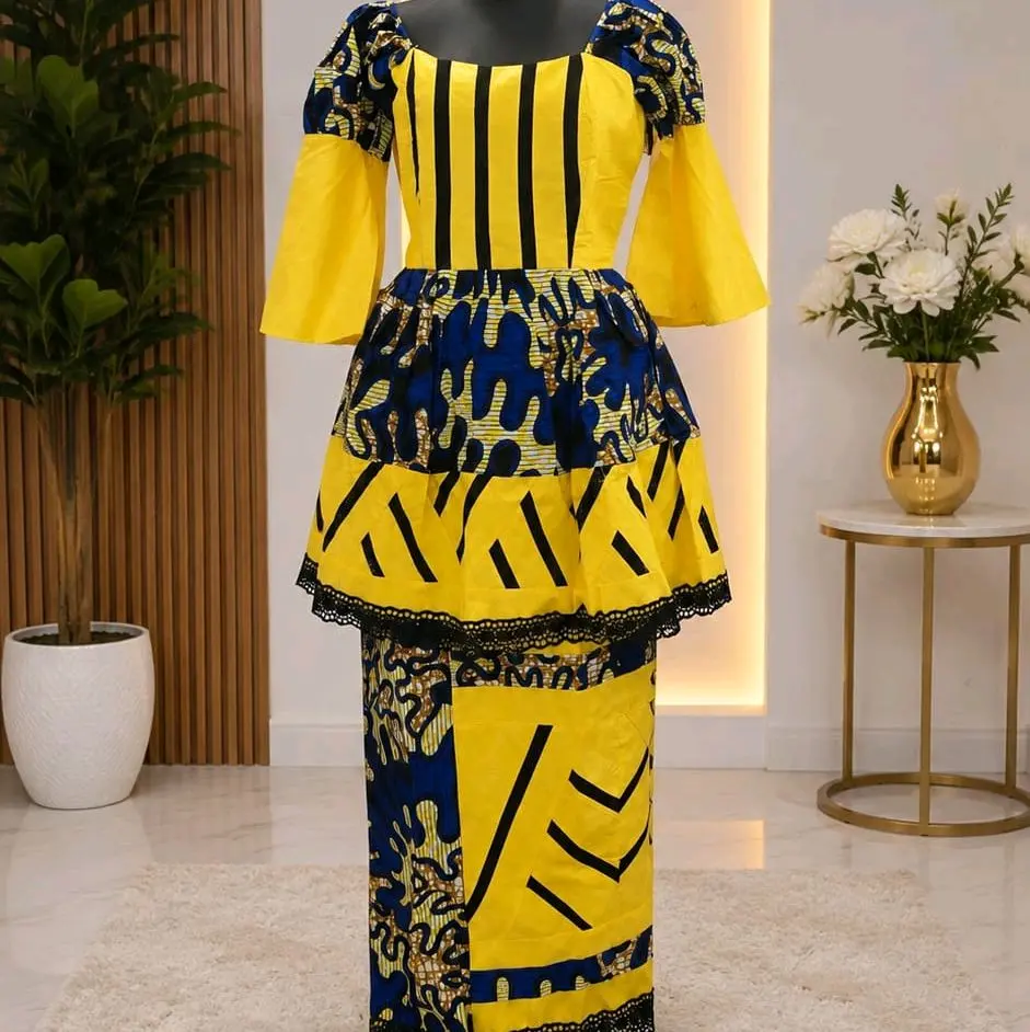 Women's 3-Piece Bazin Mix Outfit Set, Including Ankara Top, Ankara Bottom, Wrap and Head Wrap