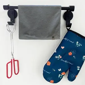 Towel Bar with 2 Hooks for Kitchen Tongs Holder Oven Gloves Storage,Towel Holder Towel Hook Hanger for Fridge, Kitchen Stove, Oven, Dishwasher, Sink Laundry Washing Machine, Black