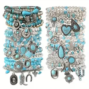 14/34pcs Western Style Turquoise Bullhead Hat Multi Layer Elastic Thread Bracelet for Women Multi Piece Set Beaded Party Bracelet Packs