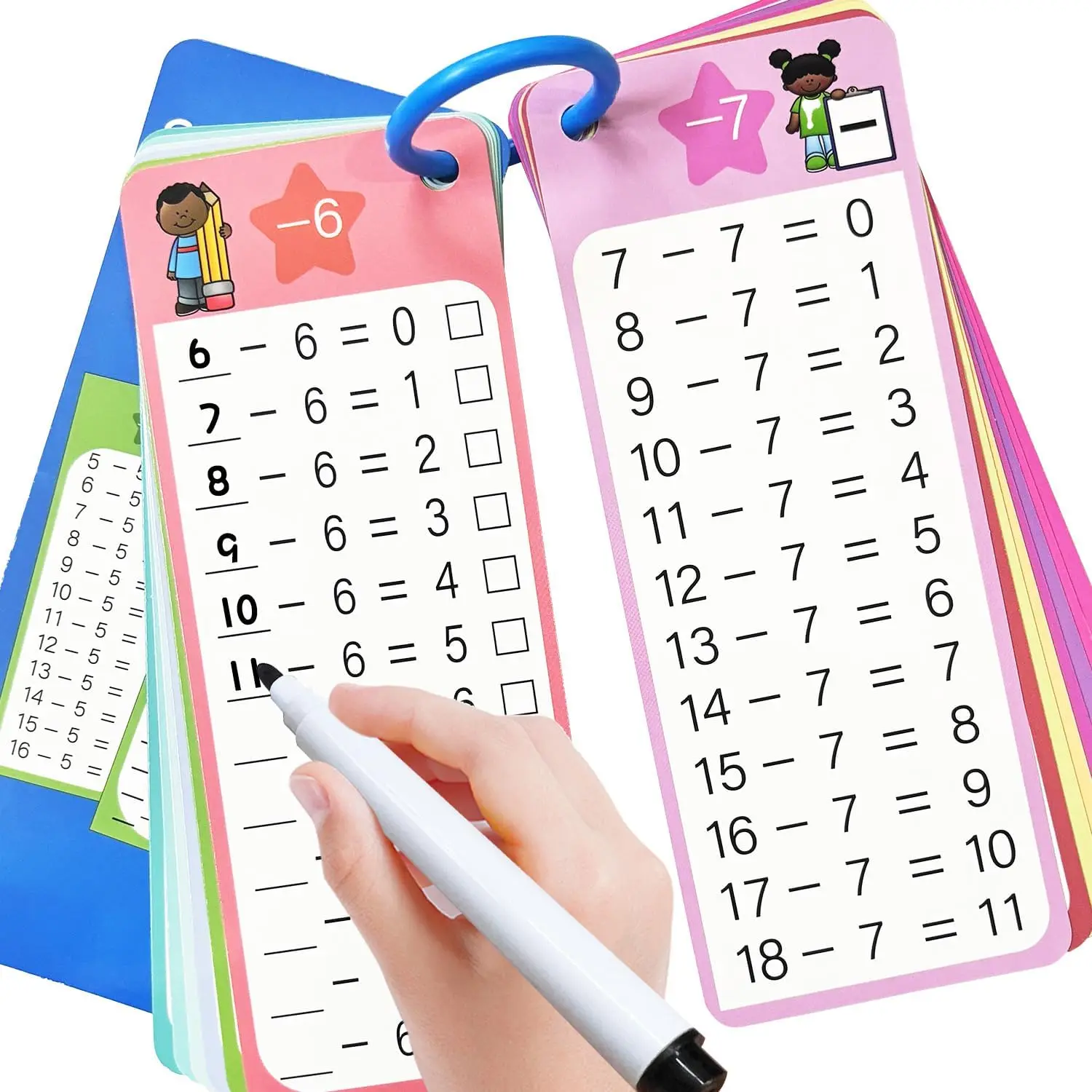 Subtraction Flash Cards 1-12, 15PCS Times Table Flash Cards Chart, with Dry Erase Markers Sorting Ring, 1st, 2nd, 3rd Grades Educational Math Subtraction Game for Kids Classroom Home