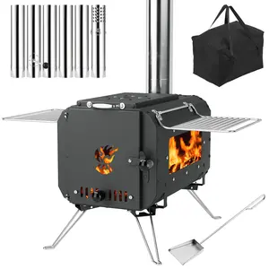 Portable Cast Iron Wood Stove for Camping & Tent, Outdoor Wood Burning Heater with Viewing Glass & 6 Chimney Pipes, Foldable Tripod Cooking Stove for Ice Fishing, Hiking & Cookouts, High Capacity 1610in³, Heavy Duty Firewood Tent Heater, Black