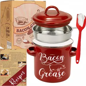 46 OZ Bacon Grease Container with Strainer - 1.3L Large Capacity, With Silicone Spatula, Enamel Bacon Grease Keeper for Bacon Drippings, Farmhouse Red Kitchen Decor, Dishwasher Safe