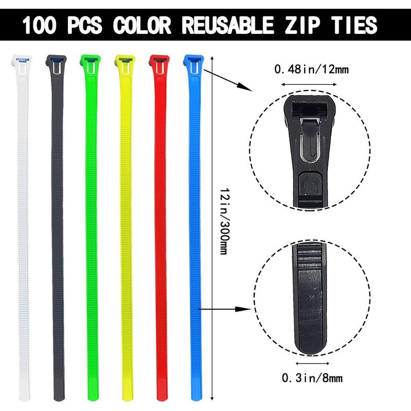 100 count 12 Inch Color  Zip Ties, Heavy Duty Releasable  Ties, Self-Locking Nylon Colored Zip Ties 50 Lbs Tensile Strength  Ties Wraps for Garden   Office Workshop