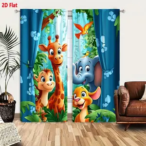 2D Flat  2-Pack Cartoon Animal Forest Giraffe Elephant Lion Cub Curtains with Blue Floral Patterns, Lightweight Blackout Drapery for Kids Bedroom Living Room, Whimsical Storybook Design, Soft Diffused Light, Tie-Back Included