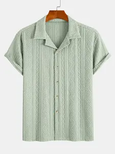 Men's Knit Stretch Geometric Jacquard Shirt, Short Sleeve Collared Button-Down, Casual Summer Textured Shirt, Breathable Fabric, Menswear