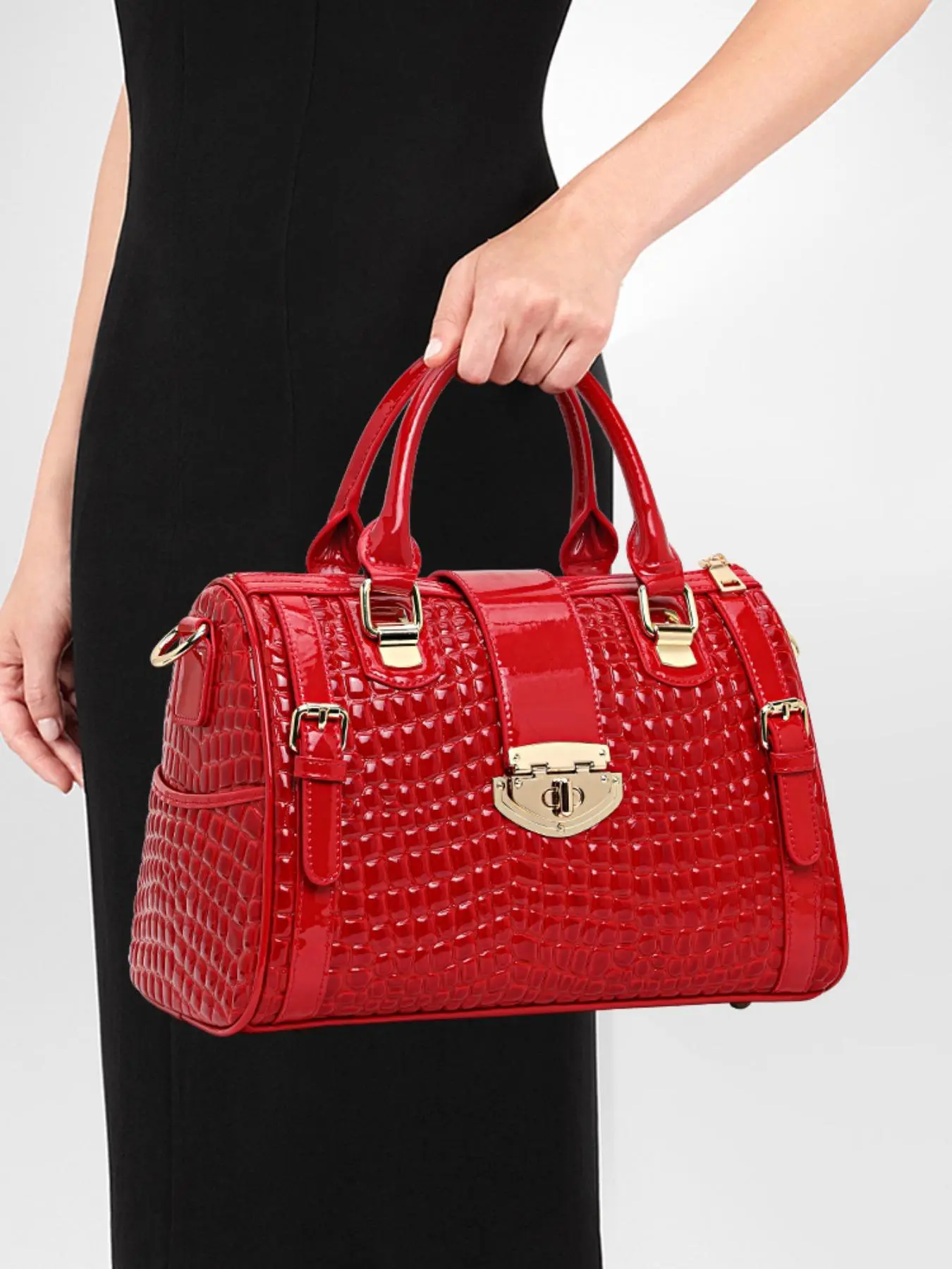 Women's Elegant Textured Belted Design Fashionable Handbag, Retro Fashion Large Capacity Boston Bag, Casual Trendy Versatile High-quality Daily Commuting Bag