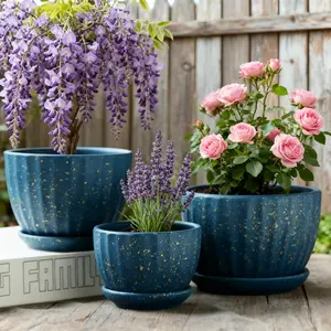 Retro Blue Gold Speckle Ceramic Light-Glazed Flower Pots 3-Size Ribbed Texture With Saucer Perfect For Cacti Succulents Rustic Indoor Outdoor Garden Decor Planters