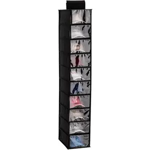 Hat Organizer Hanger, Hat Rack for Baseball Caps, Closet Organizer with 10 Pockets & Cover, Foldable Hat Hanger Holder for Closet, Shelf (Black)