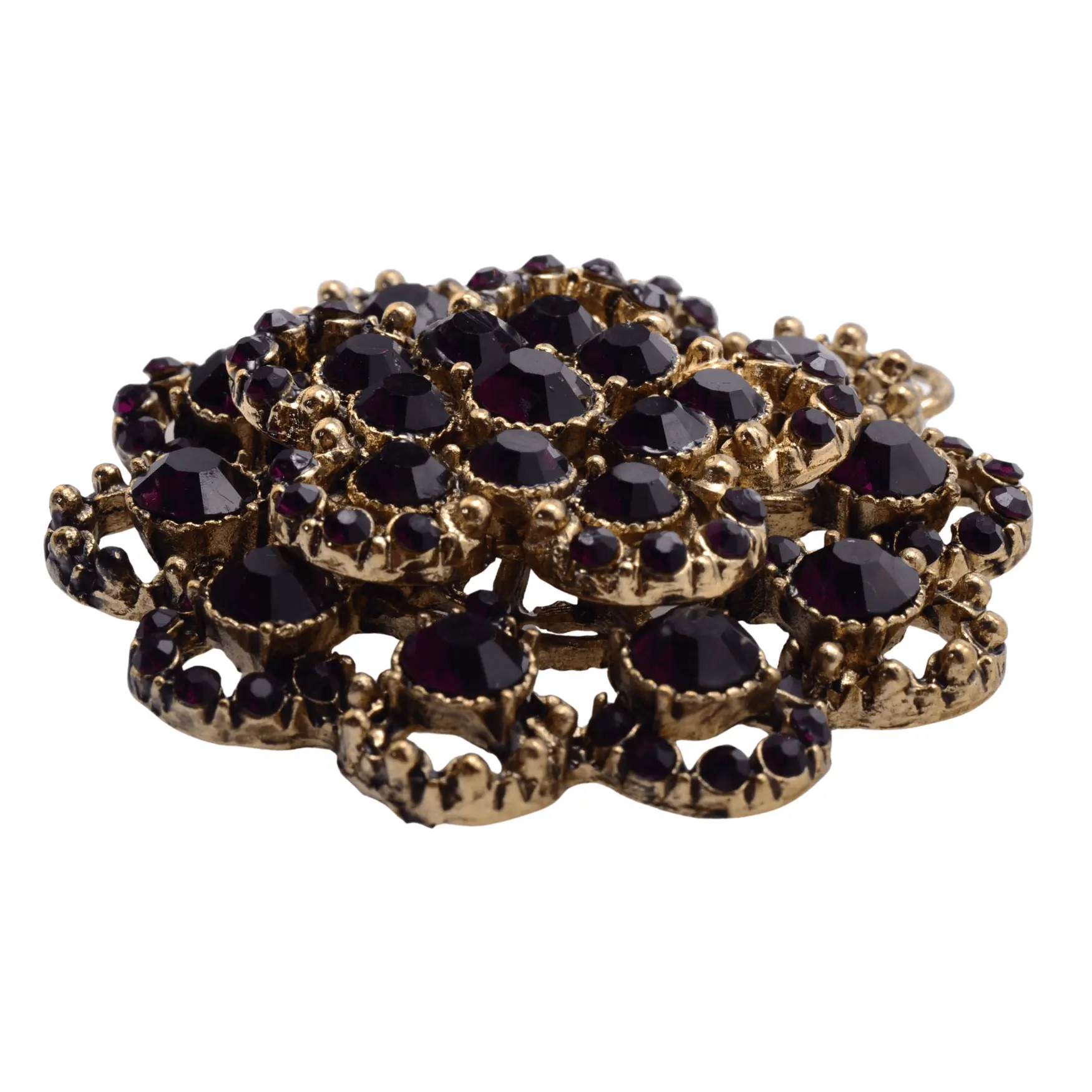 Antique Gold Tone Burgundy Rhinestone Flower Brooch 57mm - Vintage Style Statement Pin