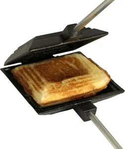 Cast Iron Cooker - Pre-Seasoned Pie Iron Sandwich Maker with Heat-Resistant, Removable Handles, Easy-to-Clean for Toasted Pies, Grilled Sandwiches, and Meats, For Campfire Cooking