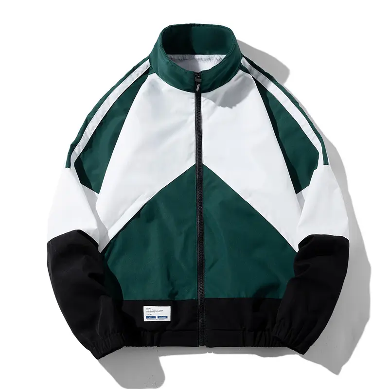 Men’s Polyester Color-Block Stand Collar Full-Zip Windproof Sports Jacket - Loose Fit, Contrasting Panels, Casual Street Style, Lightweight Coat for Male Outdoor Sport, Boxing Wear, Spring/Autumn Athletic Outerwear