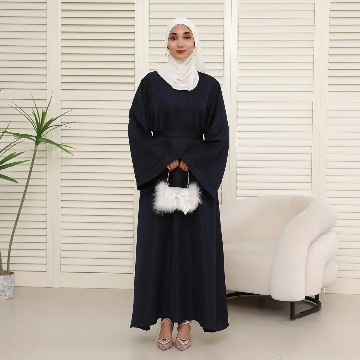 Women's Islamic Modest 3D Jacquard Brocade Satin Belted Maxi Dress Abaya - Elegant Choice for Eid, Weddings, Formal Occasions (NCA019), Elegant Choice For Eid And Weddings
