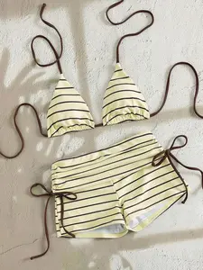 HIBOMARI Swim Mod 2pcs Women's Striped & Random Print Halter Backless Top Side Tie Shorts Elegant Sexy Fashion Beach Vacation Bikini Swimwear Set