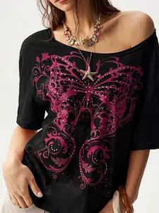 Women's Loose Fit Butterfly Print Short Sleeve Off-Shoulder T-Shirt, Casual Y2K Style, Perfect for Outing and Shopping