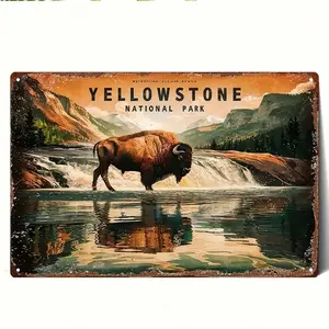 2D Vintage National Park Bison Metal Wall Art Sign, Retro Americana Rustic Iron Decor 8x12 Inch, 2D Flat Scenic Landsca, Landscape, Wall Art Decoration